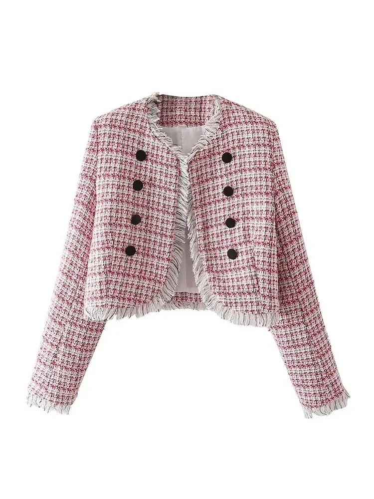 

2023 Spring Autumn Women Plaid Tweed Blazers Coats Frayed Buttons Tassel Female Outwear Jacket