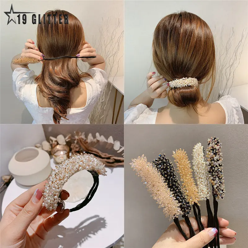 Lady Pearl Crystal Hair Pin Foldable Hair Rope Wedding Banquet Party Hair Accessories Fixed Hair Women  Jewelry Hair Pin