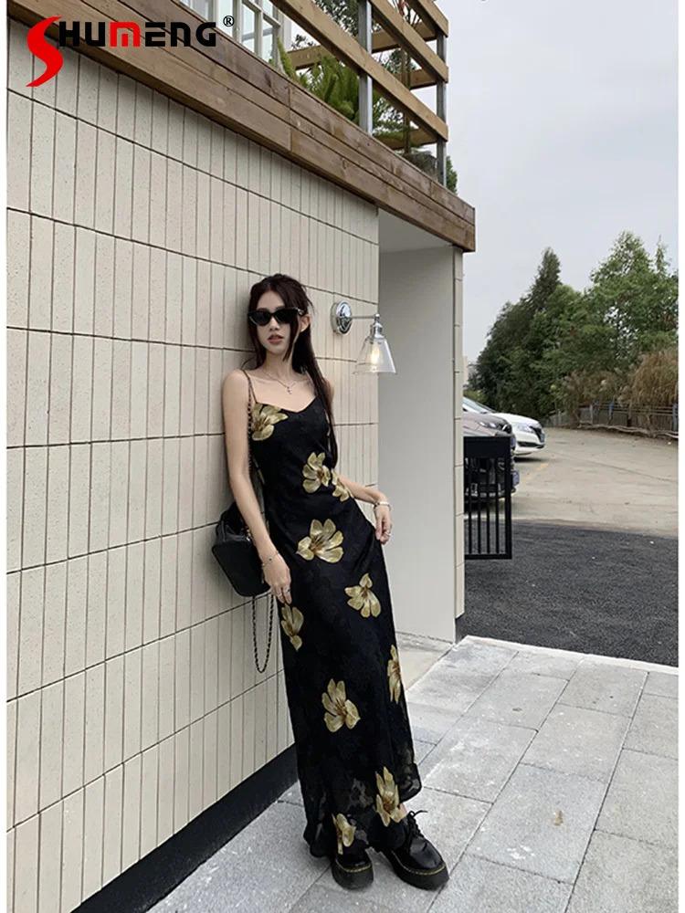 

Fashionable Retro Golden Printed Suspender Dress for Women 2024 Spring Summer New Elegant Waist-tight Slimming Long Dresses