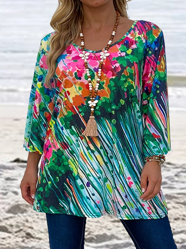 

Plus Size Women Half Sleeve V-neck Floral Printed Gradient Top