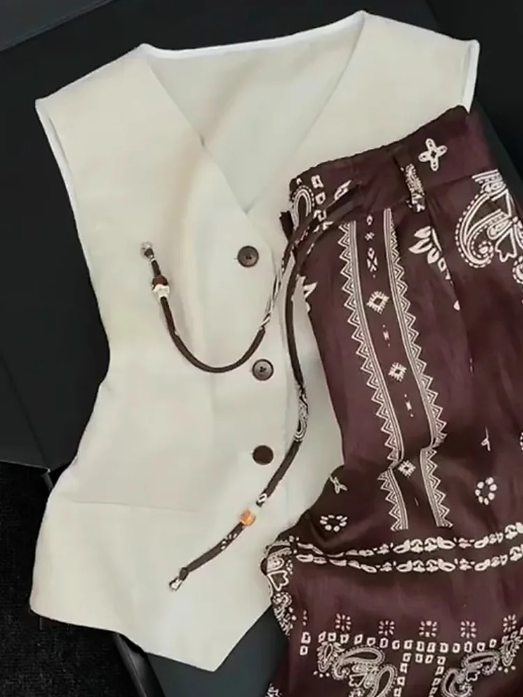 Stunning Unique Printed Vest Wide Leg Pants Two Piece Set Beautiful Faionable Summer Outfit Clete Set of 2025 Trend