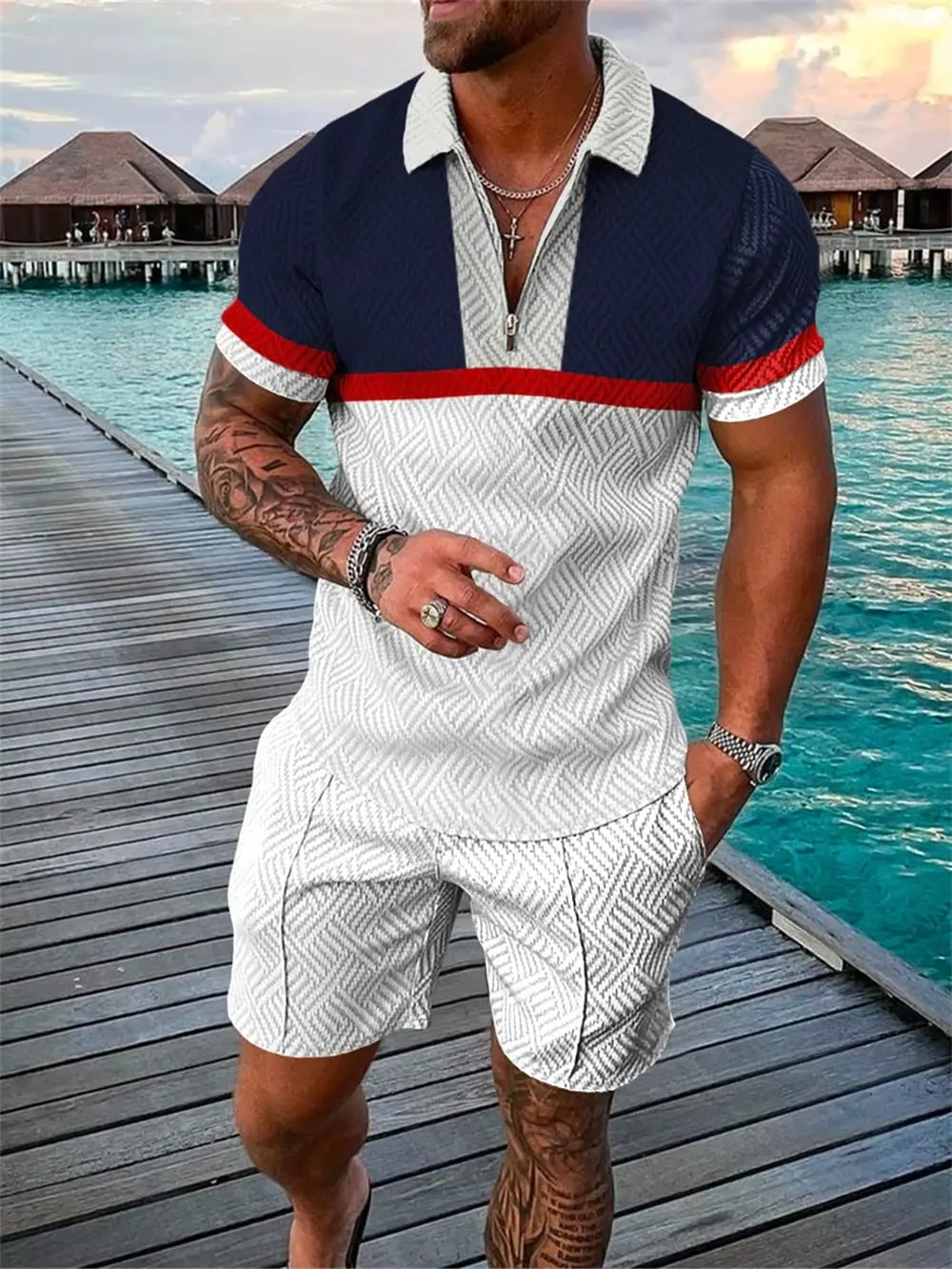 

Summer Casual Zipper Collar Polo Shirt And Shorts 2-piece Trendy streetwear, men's Sportswear Set With Colorful Pattern Prints