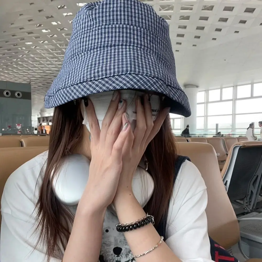 Japanese Summer Plaid Bucket Cap Quick-dry Curled Plaid Sun Hat Foldable Bow Fisherman Caps Travel