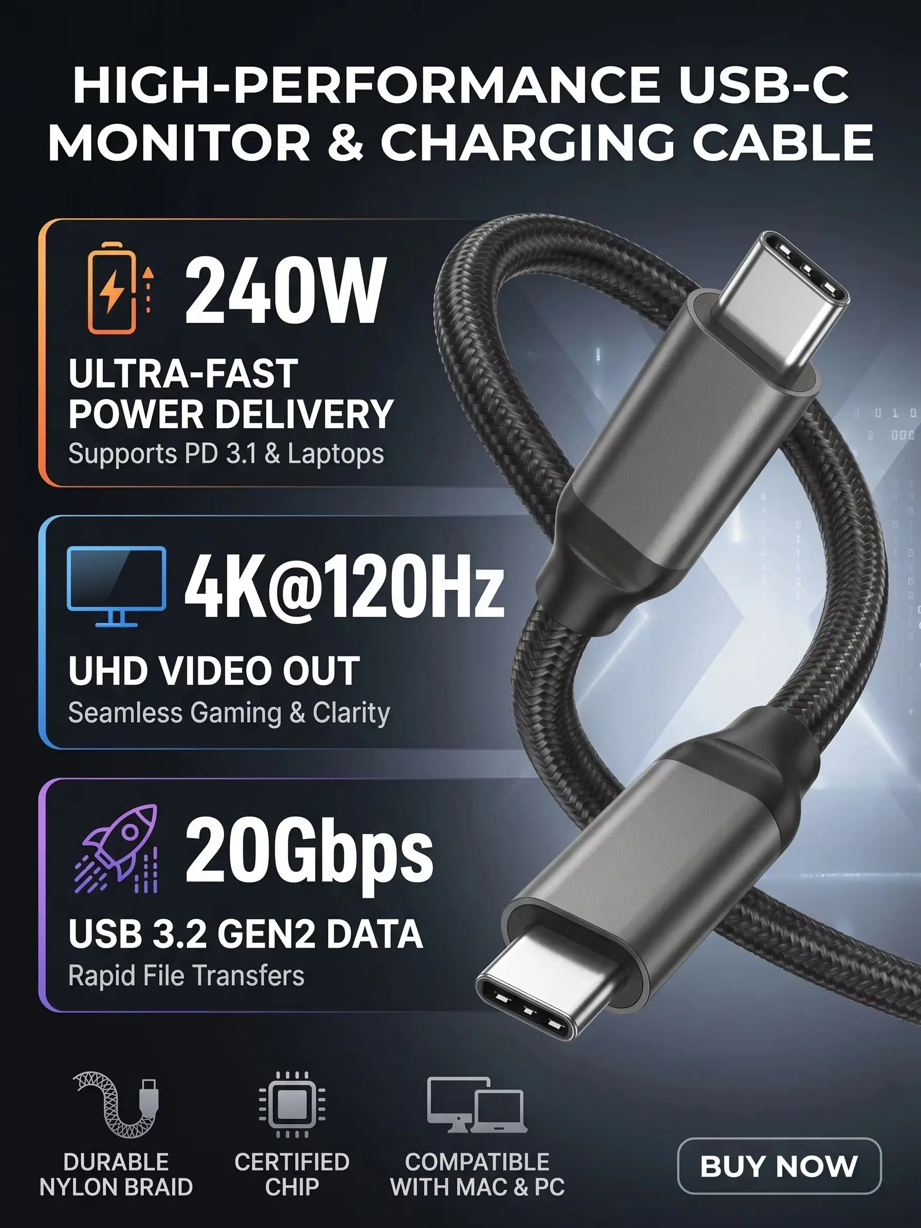 20 Gbit/s USB-C-Monitor-Displaykabel USB3.2 Gen2x2 4K@120Hz 240W PD Lade- und Datenübertragungskabel für tragbare Monitore und Laptops