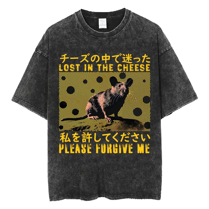 Camiseta gráfica japonesa divertida perdida en el rato del queso, por favor, Foraive Me, ropa de calle para hombre, camiseta de manga corta