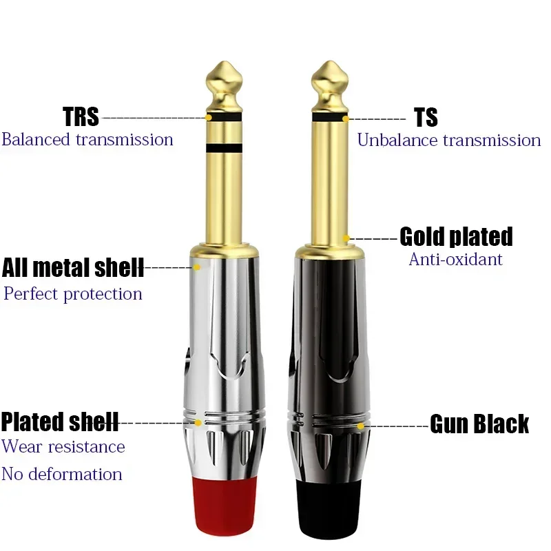 1/4 "аудиоразъем 6,35 мм, моно/стерео штекер, позолоченный TS/разъем TRS для гитары/динамика/микрофонного кабеля и т. д.