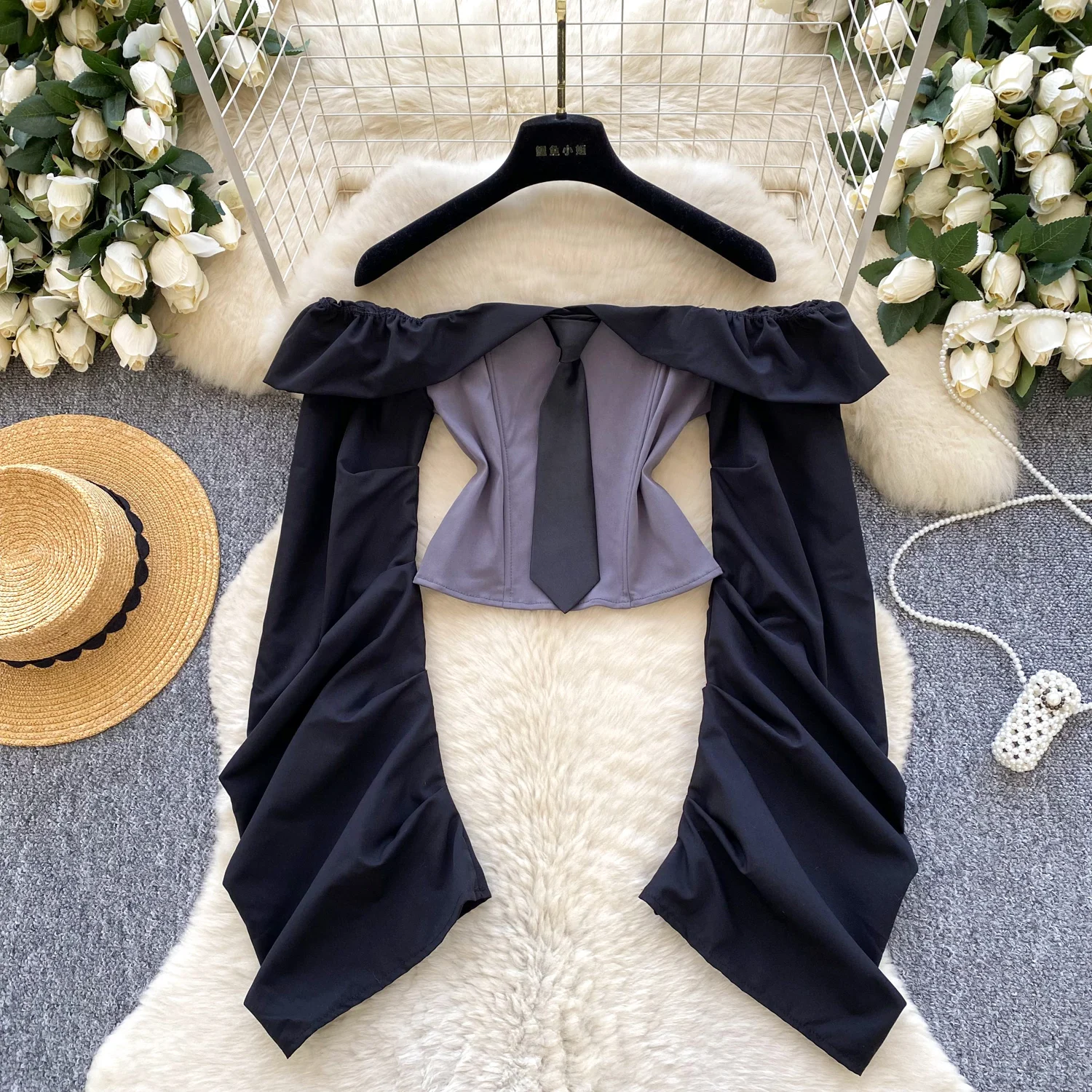 

Chic Elegant long sleeve slash neck Spliced blouse Vintage Fairy Autumn korean fashion Women Clothing