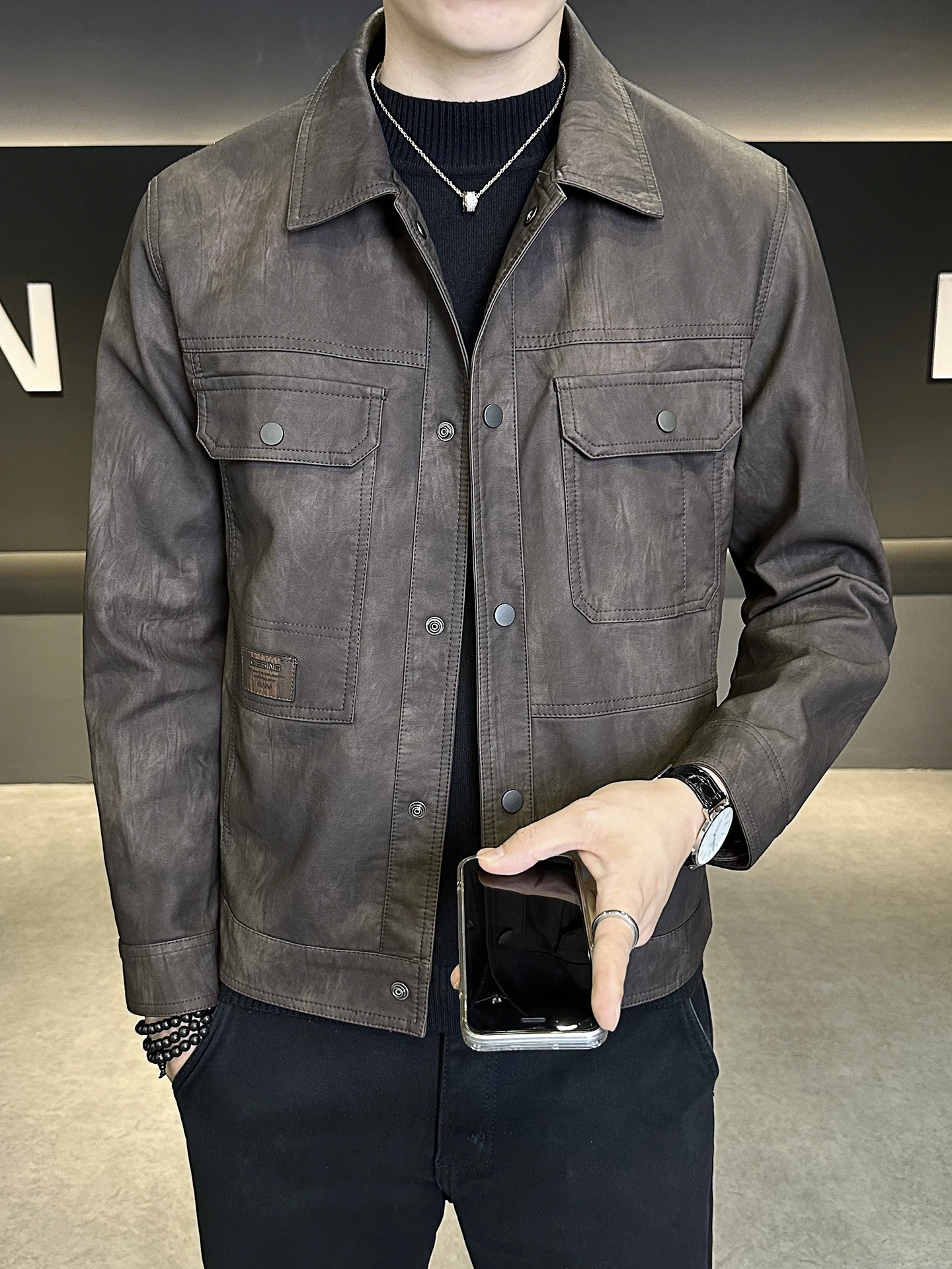 

Slim Fit PU Leather Jaet Men's Faionable Casual Coat Spring Autumn Turn-down Collar Youthful Sle Straight Hem Design