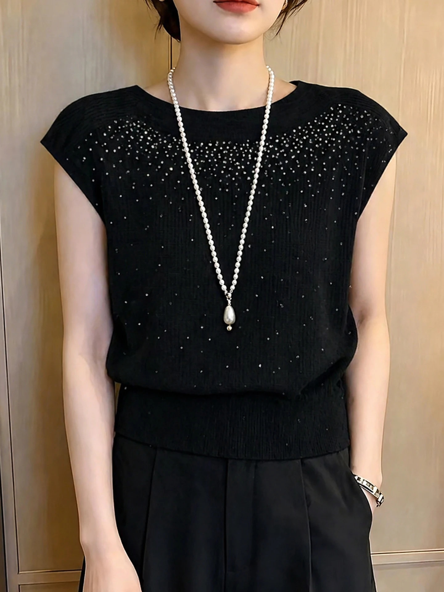 

Korean Style Simple Elegant Short Sleeve Knitted Sweater Summer Fashionable Versatile Drill Design All-Match round Neck Top