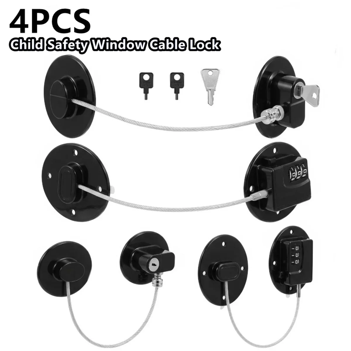 4PCS Refrigerator Door Lock Set Combination Keyed Child Safety Fridge Locks Strong Adhesive Cable Lock For Cabinet Drawer Black