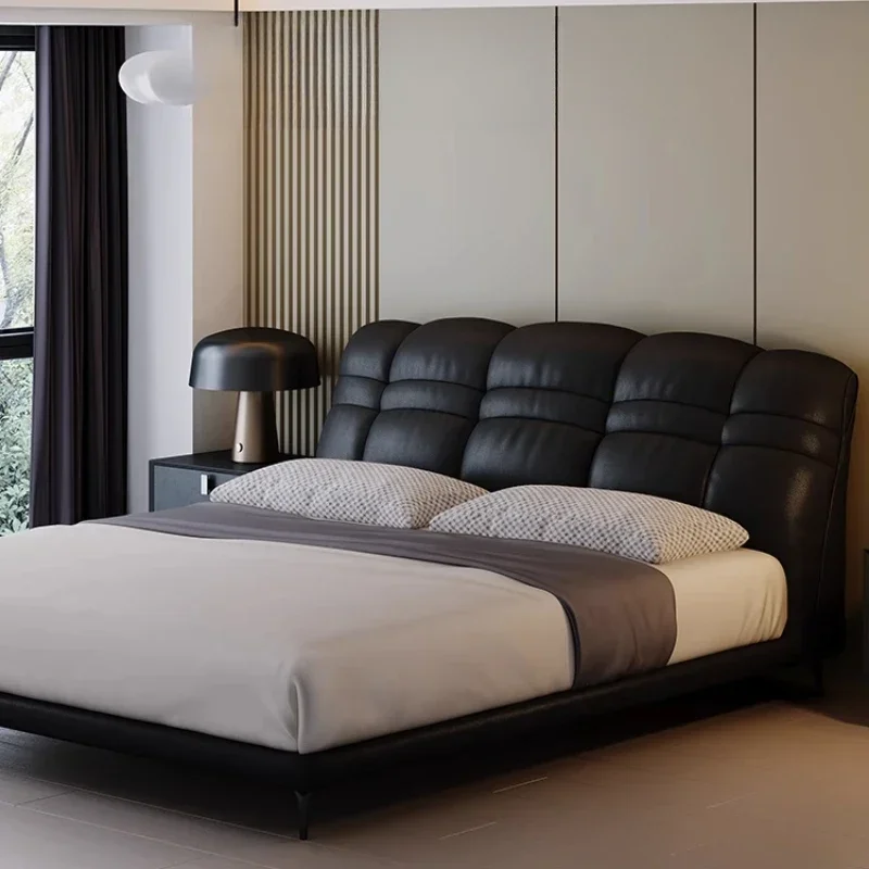 Italian light luxury leather, marshmallow double, puff soft bag, small apartment 1.8 meters storage bed