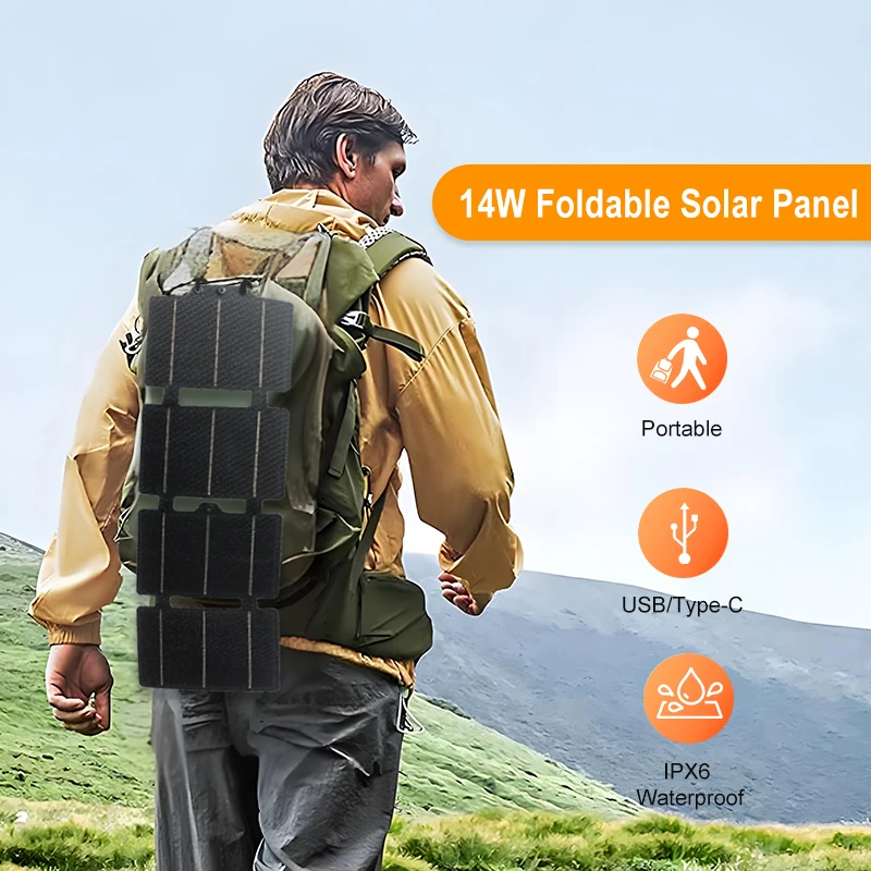 

14W ETFE Flexible Foldable Solar Panel with Type C USB Port Portable Solar Charger for Outdoor Camping Power Station Blackout