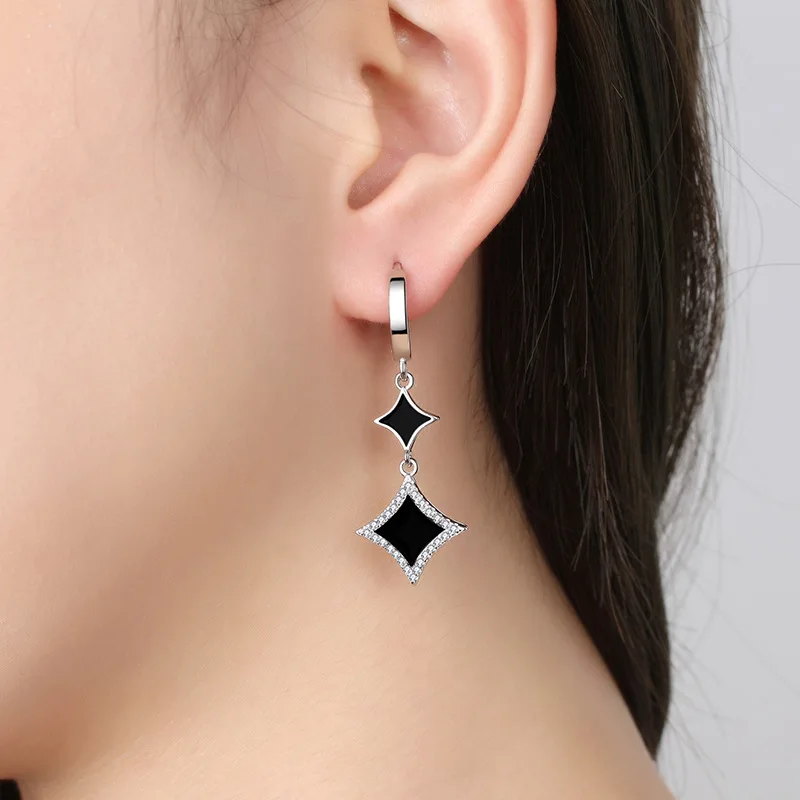 KOFSAC Occident Popular Black Star Long Tassel Earrings For Women Party 925 Sterling Silver Jewelry Shiny Zircon Earring