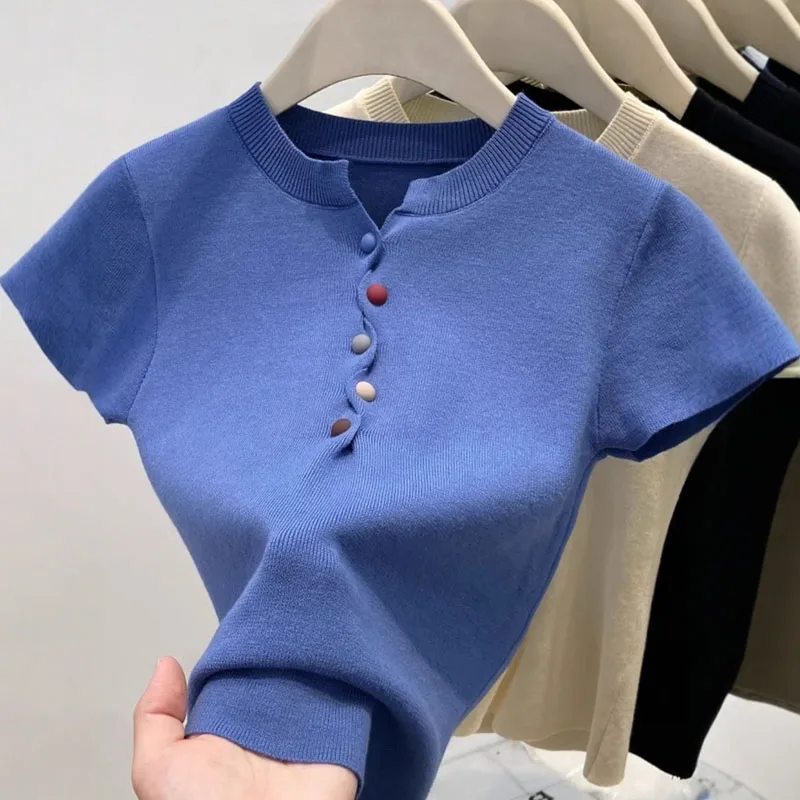 

Трикотаж, вязаный свитер, женские пуловеры, тонкий вязаный свитер с круглым вырезом, пуловер, женские топы, модная женская одежда с короткими рукавами Q2796