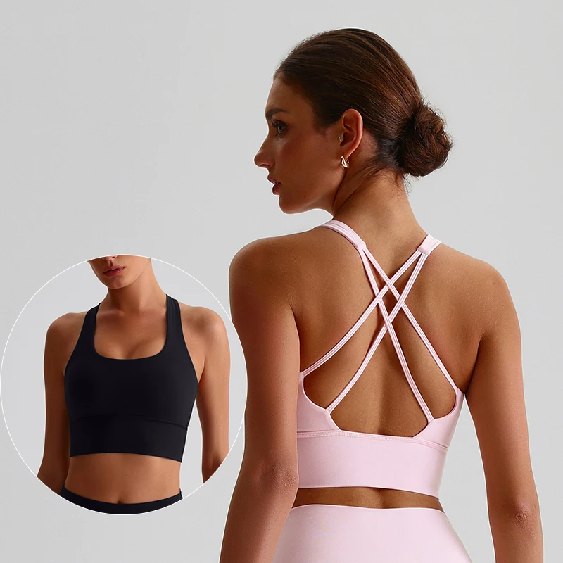 Lekkie miękkie biustonosze sportowe z paskami kobiety naga w dotyku krzyżowe wyściełane Push Up Fitness biustonosz do jogi Top siłownia stanik sportowy