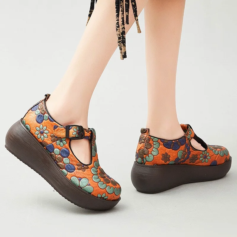 DRKANOL Platform Shoes Women Spring Printing Genuine Leather Round Toe Buckle Strap Ethnic Style Wedges Heel Mother Shoes H720L