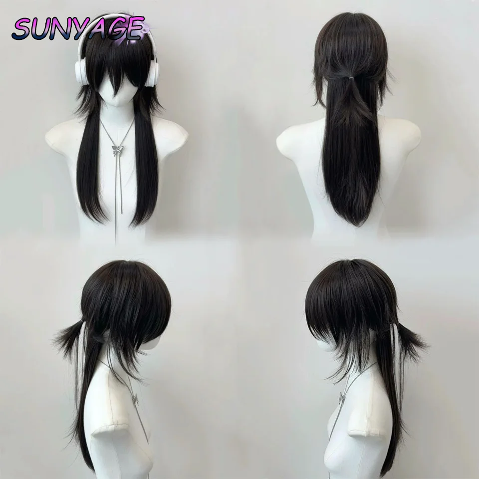 SUNYAGE Black Mullet Head Wigs with Bangs Long Synthetic Straight Men Women Anime Cosplay Hair Wig for Daily Party