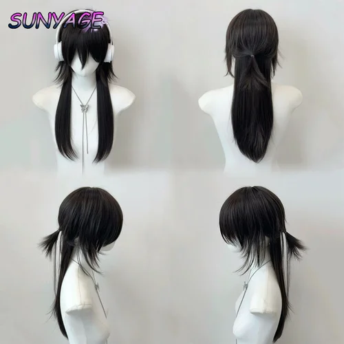 Imagen 2 del producto SUNYAGE-pelucas de cabeza de salmonete negra con flequillo, pelo largo sintético liso para hombres y mujeres, peluca de pelo de Cosplay de Anime para fiesta diaria