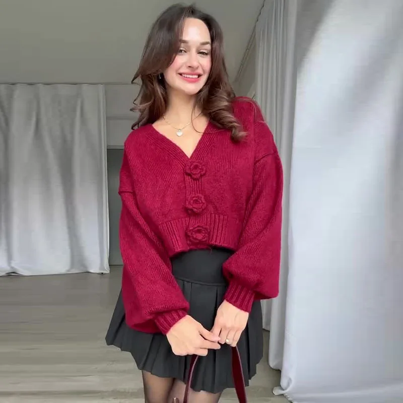 

Autumn Winter Knitted Sweater V-Ne Flower Design Slimming Faionable Outerwear Women's Premium Quali Polyester Blend