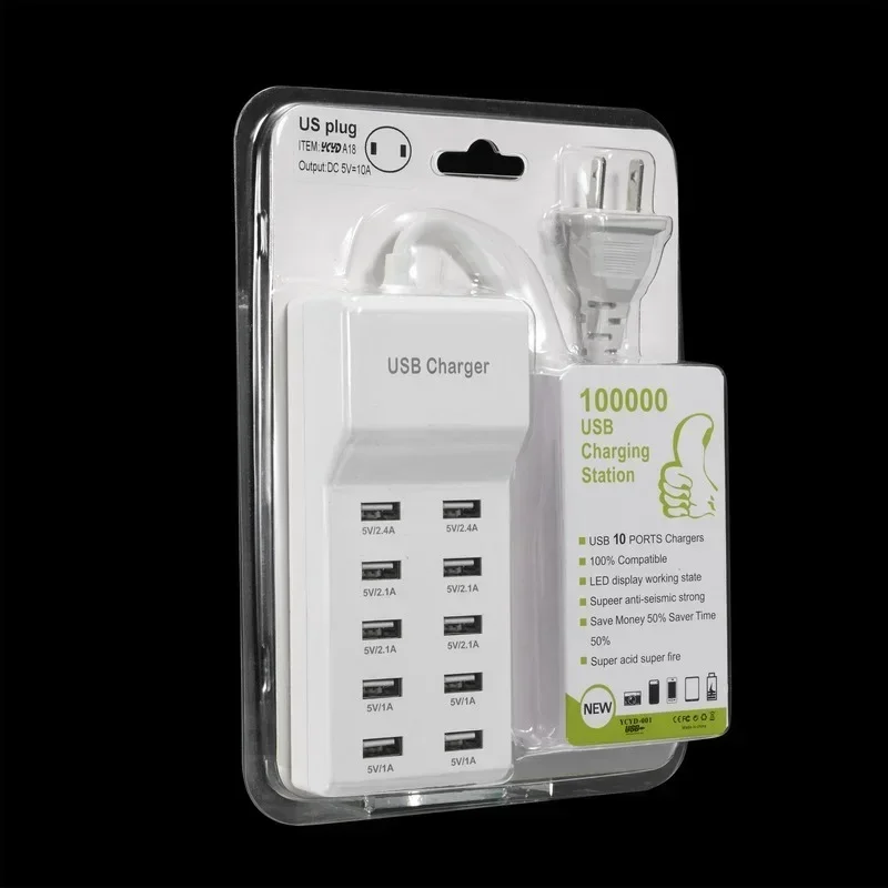 10 USB Charger Station Splitter 60W Mobile Phone Charger HUB Smart IC Charge Universal for iPhone Samsung Mp3 Tablet Etc