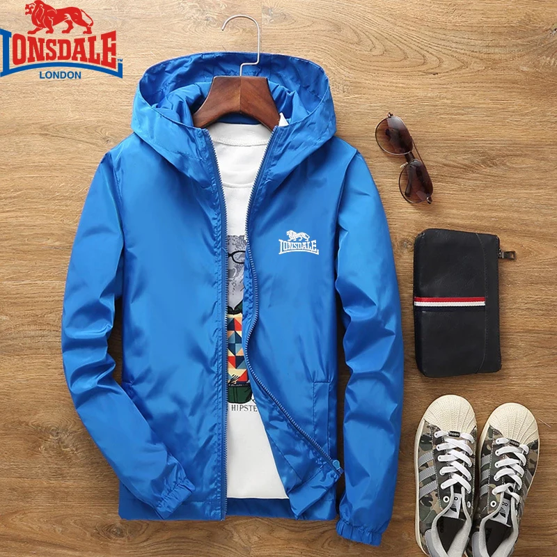 Jaqueta masculina com capuz bordada LONSDALE, casaco da moda, quebra-roupas casual de alta qualidade, nova, primavera e outono