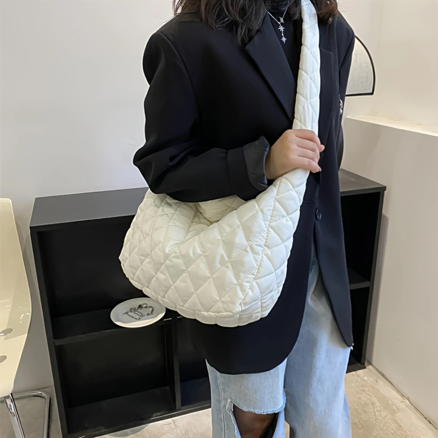 Quilted Shoulder Bag, Large Capacity Crossbody Bag, Solid Color Womens Tote Bag Canvas bag Vip luxury bags Bagsmart Jelly bag