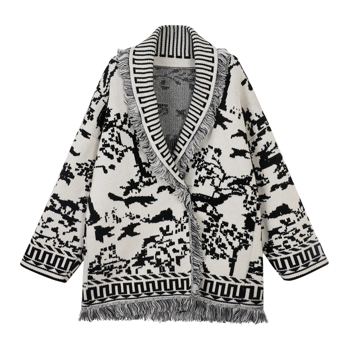 

Retro simple cardigan high-end jacquard tassel knitted sweater women's jacket