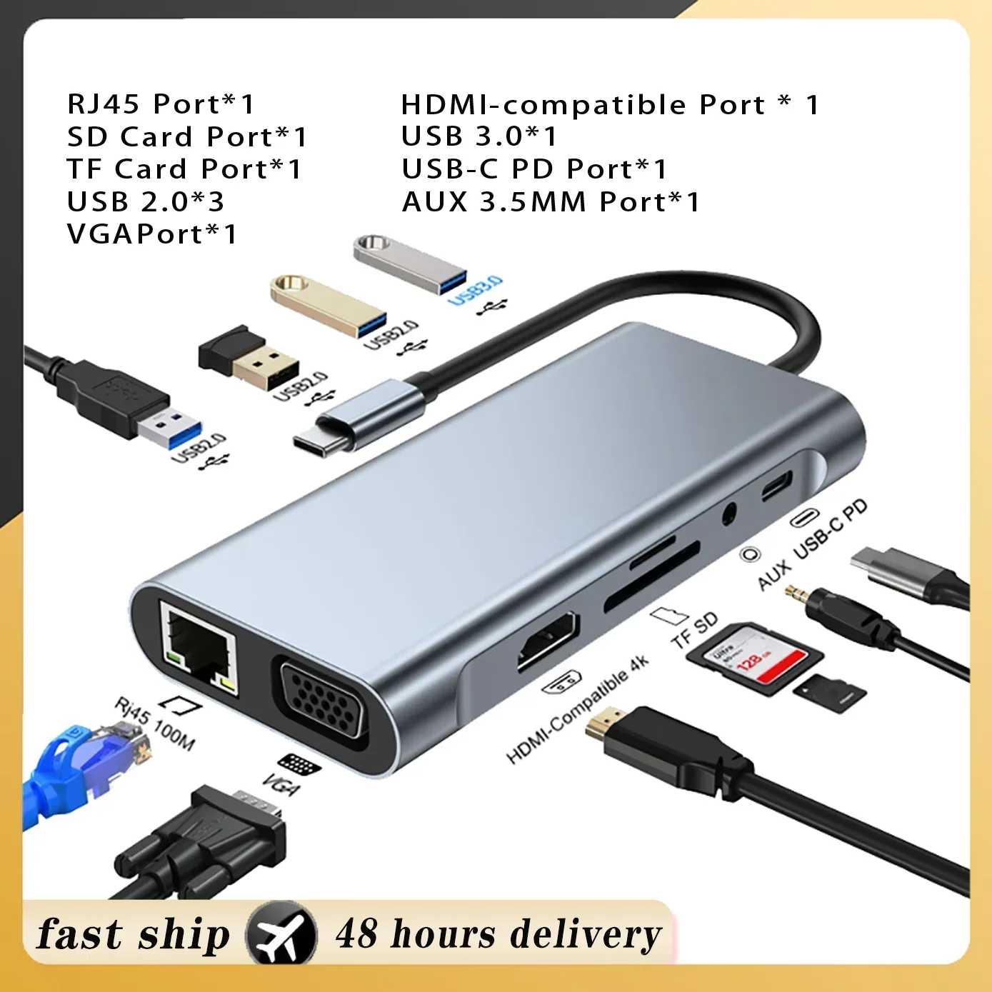 USB C HUB Typ C Splitter zu HDMI 4K Thunderbolt 3 Docking Station Laptop Adapter mit PD SD TF RJ45 für MacBook Air M1 iPad Pro