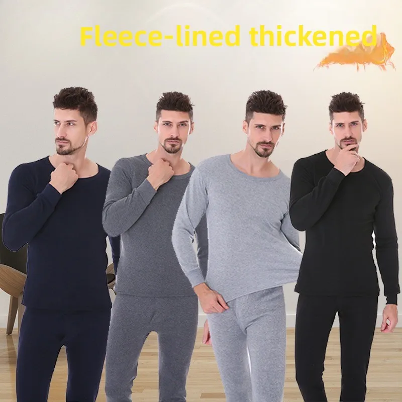 

Men's Fleece and Thick Warm Underwear Set Autumn Clothes Cotton Sweaters Autumn and Winter Men's Base Winter Set Black and Grey