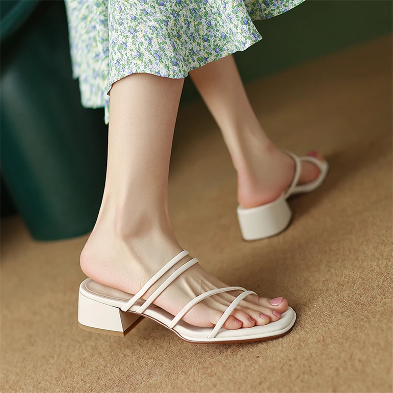 Meotina Women Slides Square Toe Block Mid Heel Sandals Narrow Band Ladies Fashion Casual Slippers Summer Spring Shoes Green