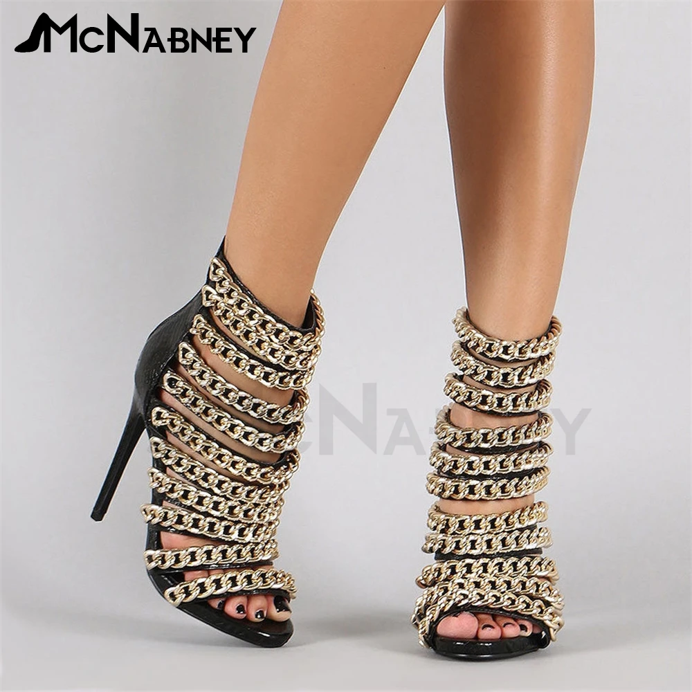 Metal Chain Stiletto Sandals Round Toe Zipper Summer Shoes Black and Gold Sexy Punk Style Metal Accessories High Heels for Women