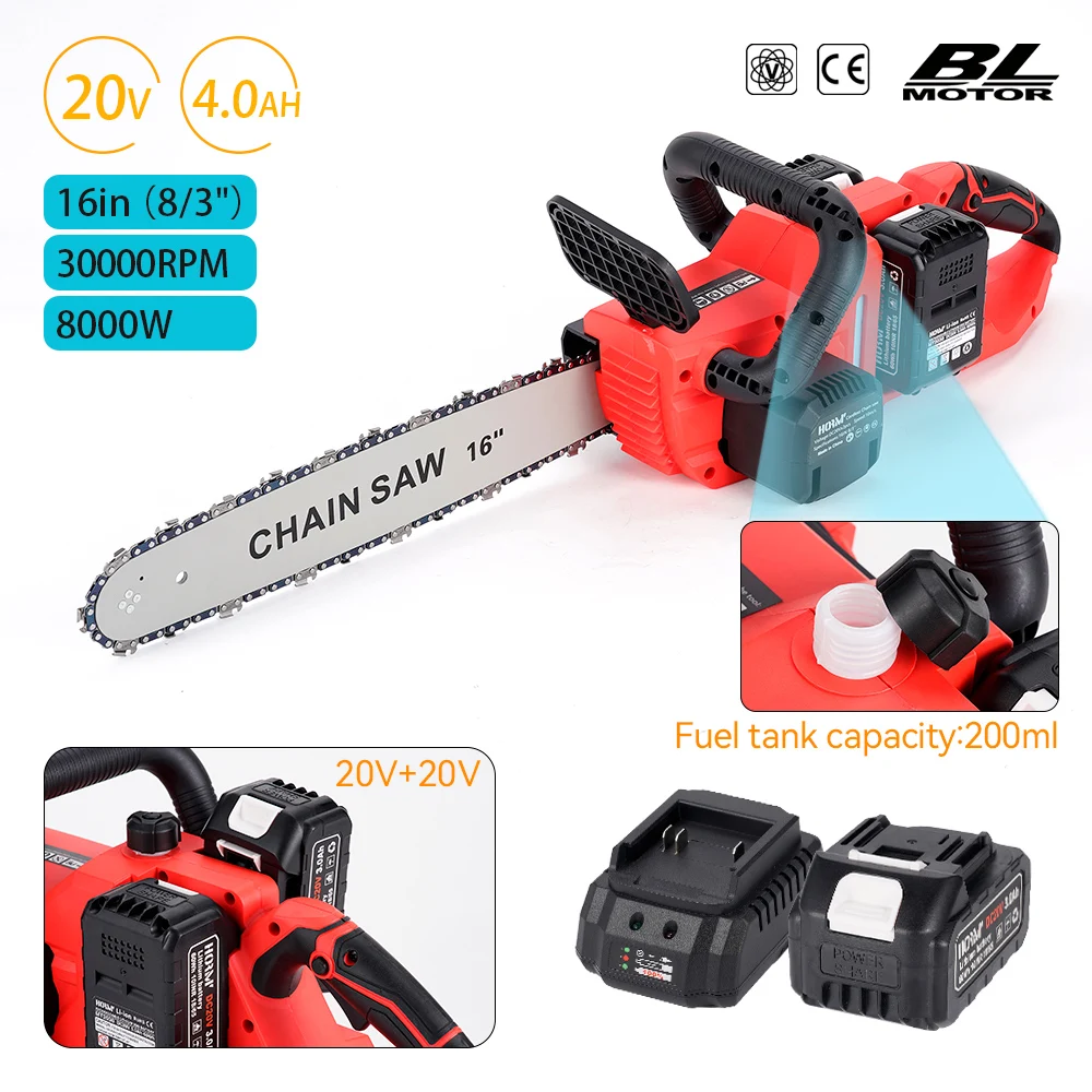 

16 Inch Electric ChainSaw Set Cordless Brushless Wood Cutting Saw Portable Carpentry Power Tool with 2pcs 18V Makita Battery