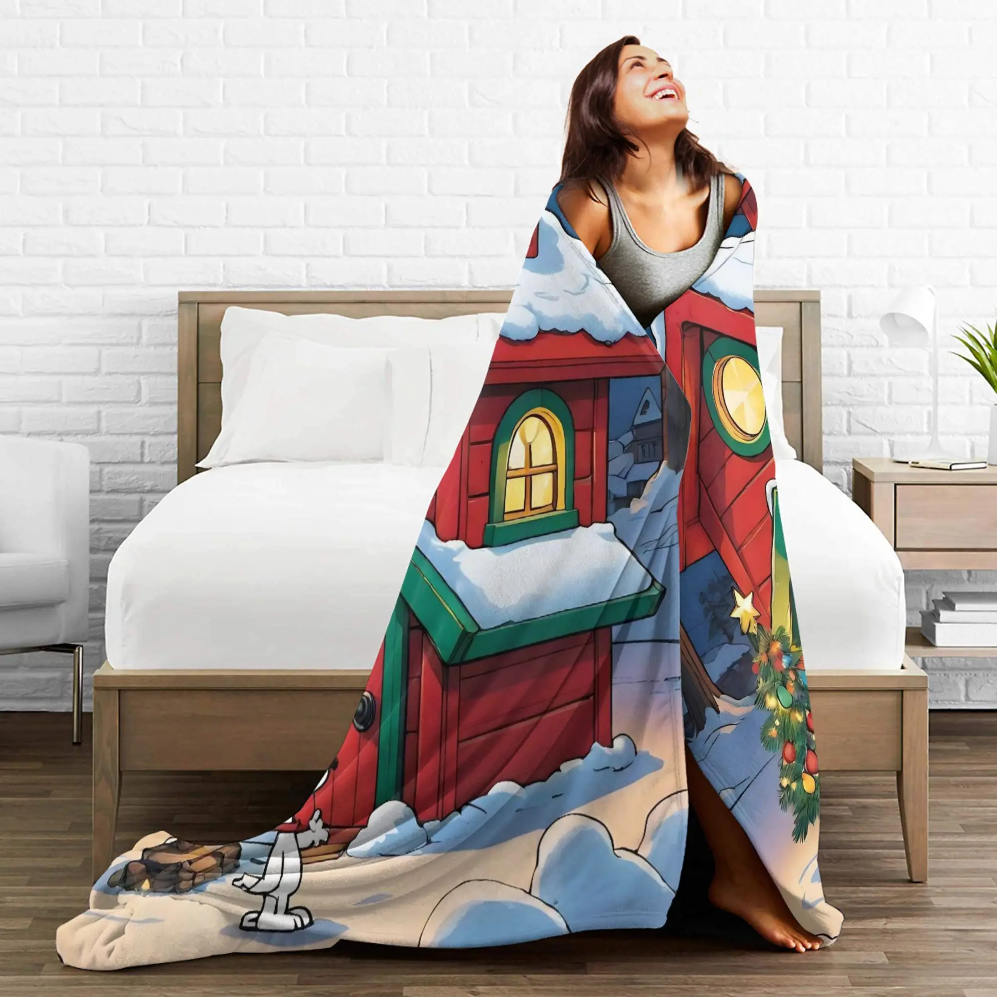بطانية سنوبي كارتونية لعيد الميلاد، بطانيات ناعمة وخفيفة الوزن متعددة المقاسات للأريكة والسرير #6