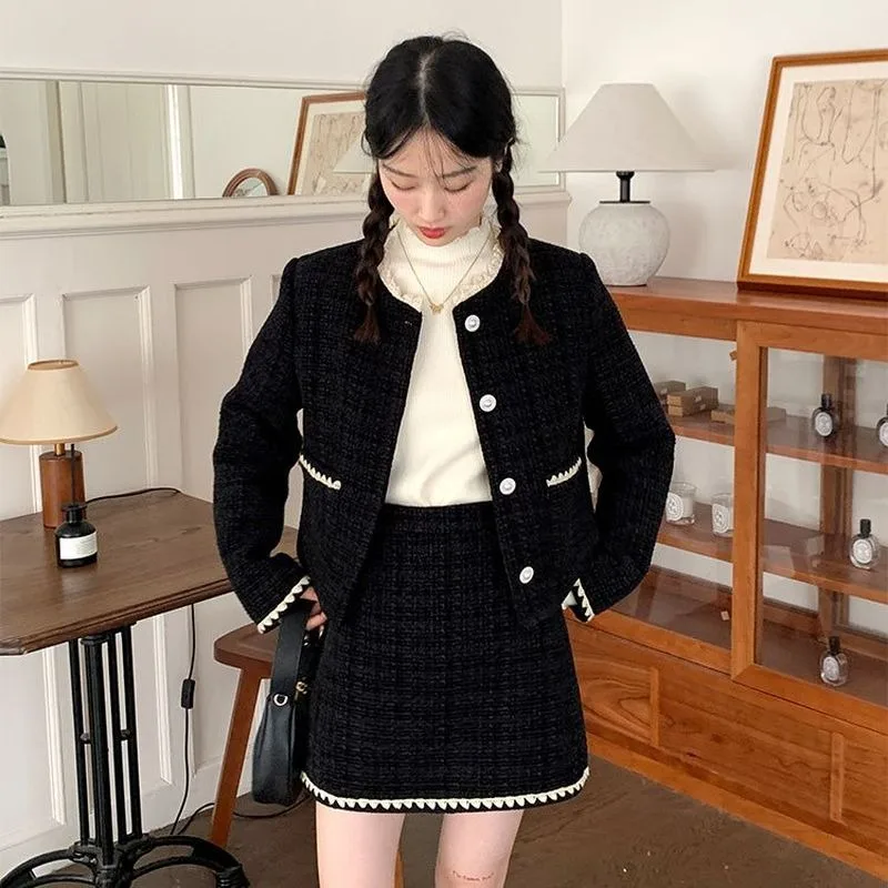

Lnsozkdg Vintage Black Tweed Two Piece Set 2024 Autumn New Wool Long Sleeves Jacket Coat + High Waist Pencil Skirt Sets Women