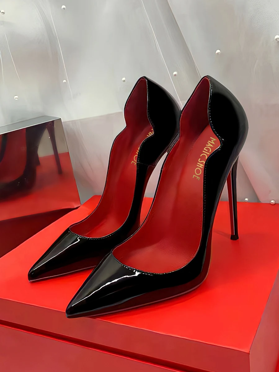 2024 neue 12cm schwarze extra dünne Absätze rote Sohle High Heels super flacher Mund Damen große profession elle Einzels chuhe