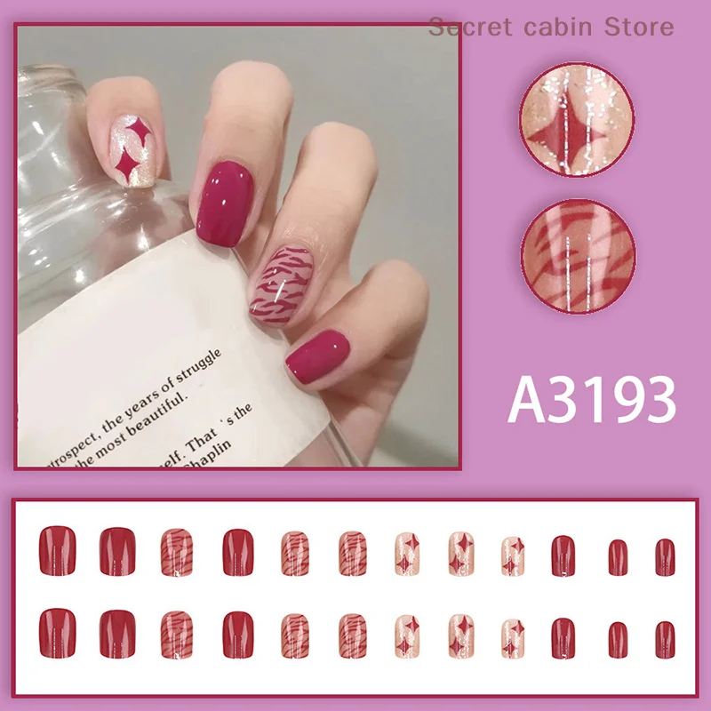 24Pcs Wild Berry Red Color-blocking Short Square False Nails With Jelly Adhesive Detachable Full Cover Press On Artificial Nails