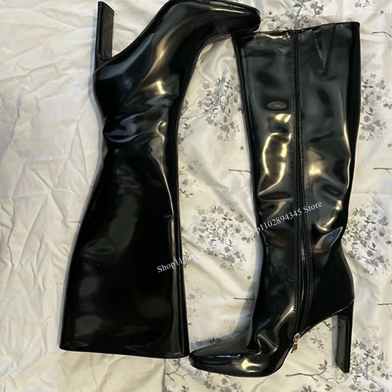 สีดําหนังซิปรองเท้าบางรองเท้าส้นสูงเข่าสูงแฟชั่นเซ็กซี่Cool 2025 ฤดูหนาวขนาดใหญ่ผู้หญิงรองเท้าZapatillas Mujer