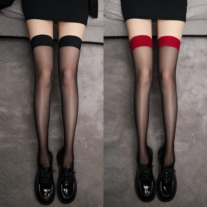 

Sexy Red Edge Stitching Lolita Knee High Socks Lace Bow Long Socks Anti-slip Thigh Stockings Thin Silk Solid Tube Knee Socks