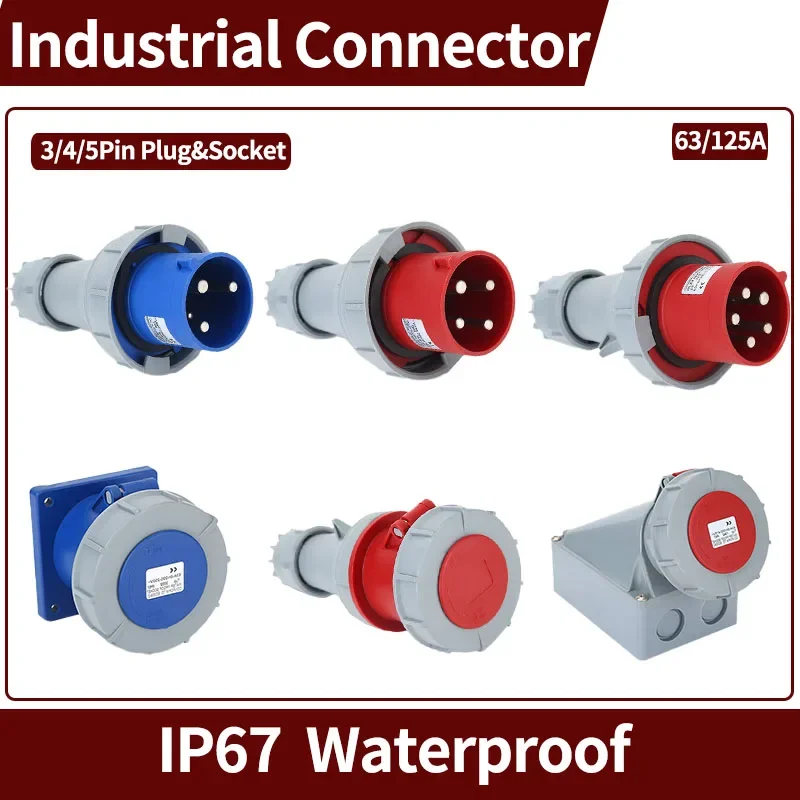 

Industrial Socket Aviation Plug 3/4/5PIN 63A/125A IP67 Waterproof Connector Electrical Dustproof Connection Panel Wall Mounted