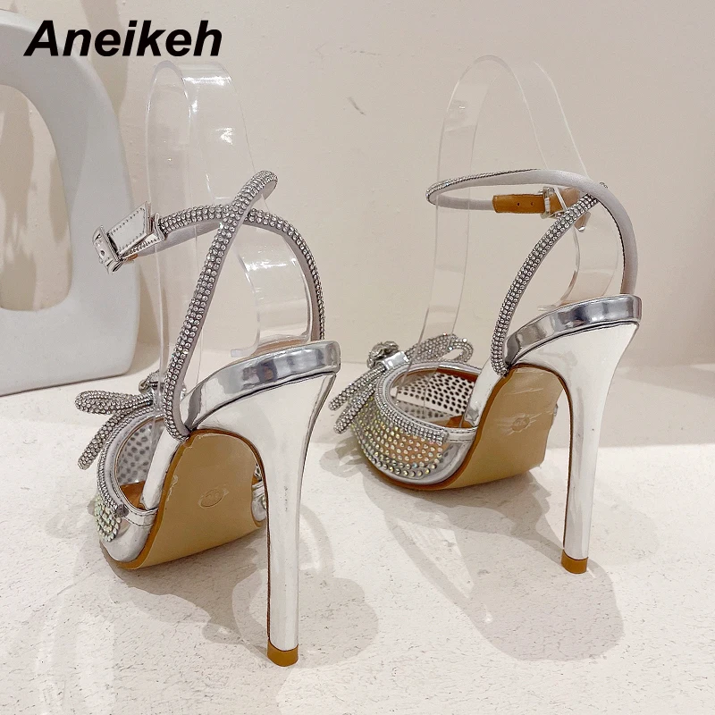 Aneikeh 2024 Sandals Heels Women Shoes Fashion Silver Butterfly-Knot Narrow Band Bling Cross-Tied Crystal Pointed Toe Pumps 42