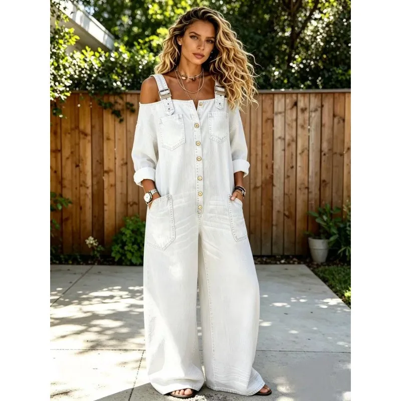 Women's Summer Jumpsuit Distressed Off Shoulder Romper Mid Waist Button Front Denim Jumpsuit Wide Leg Pants Long Jumpsuit