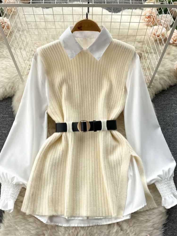 

Осенний сладкий однотонный комплект из 2 предметов с длинными рукавами, винтажный свитер 2000-х годов, жилет + поло Y2k, свободные рубашки, корейская модная одежда