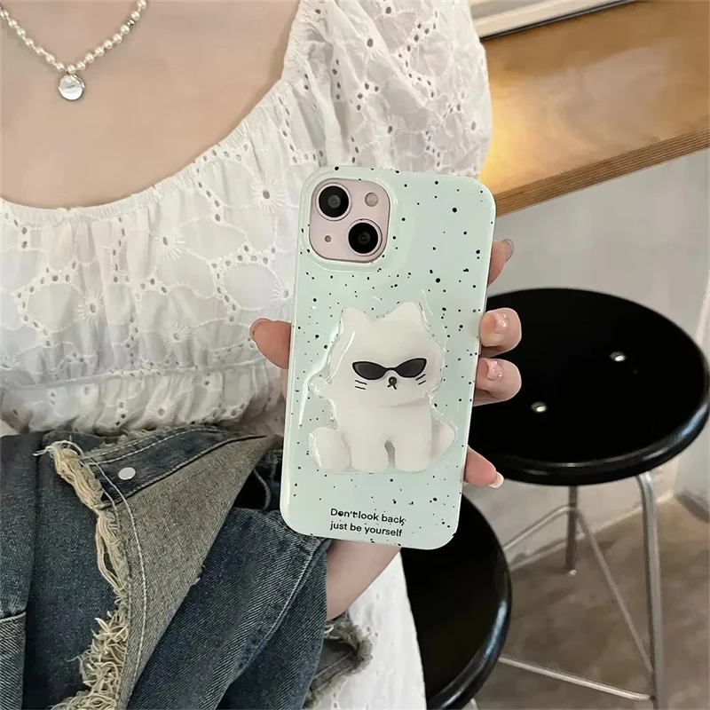 Cartoon Cute White Sunglasses Cat Stand Grip Tok GripTok Holder Ring Glossy Finger Bracket For iPhone 15 Girl Phone Accessories