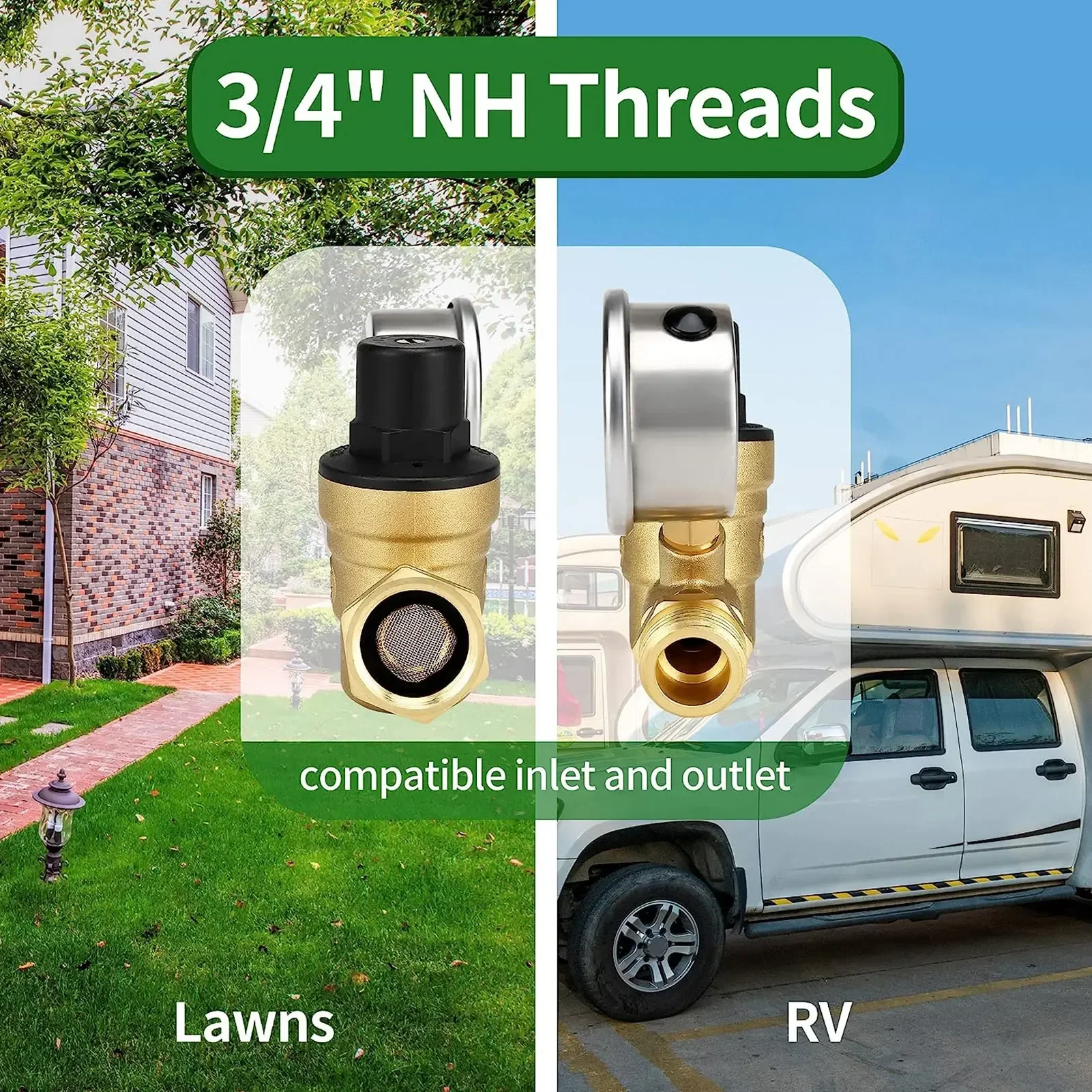 Water Pressure Regulator Valve 3/4in NH Thread Brass Pressure Reducing Valve with Gauge for RV Trailer