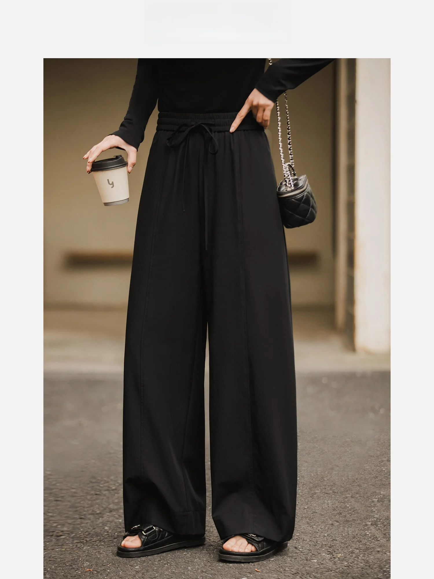 Black Balloon Wide Leg Casual Pants Women's Small Size Spring Summer New Elastic Waist Drawstring Long Trousers Casual Style