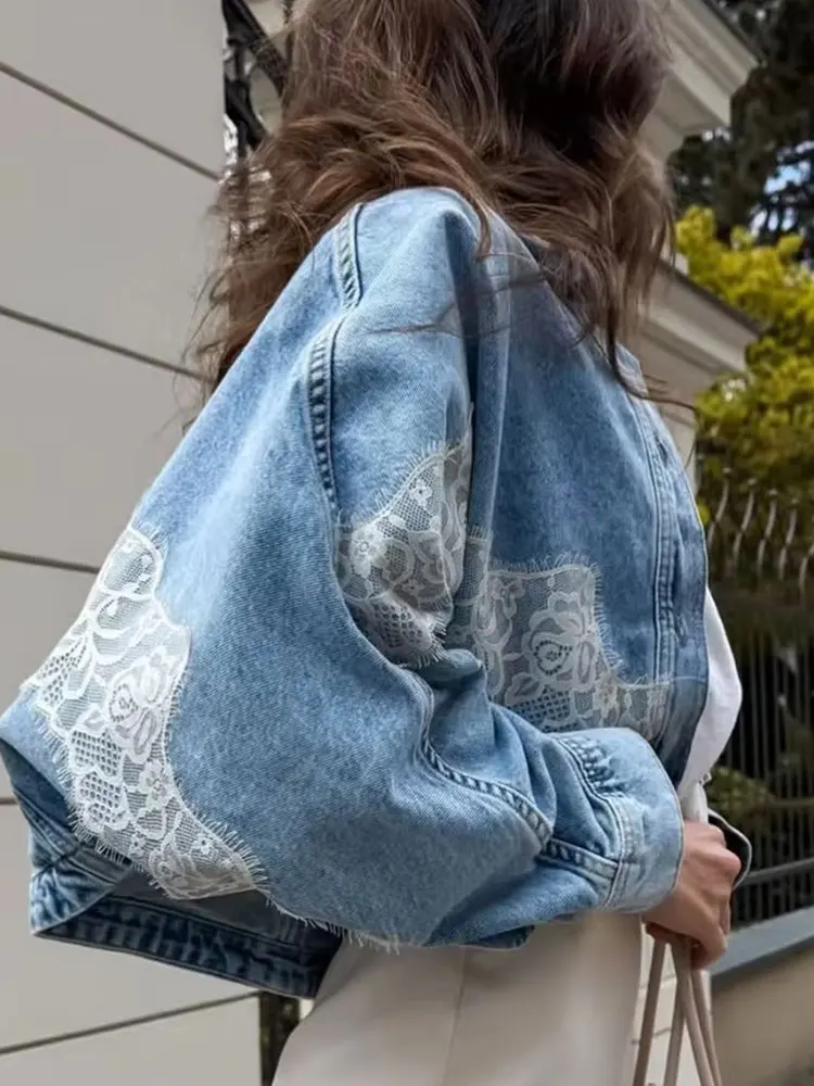 Women Elegant Floral Lace Splicing Denim Jackets Button Batwing Sleeve Cropped Coat Loose Casual Woman Chic Oversized Outwear view 3