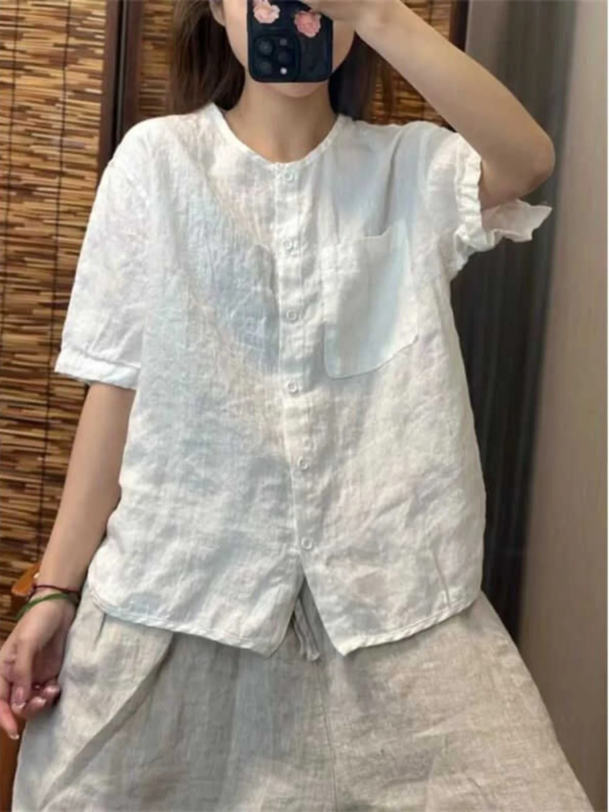 

Summer New Women's Cotton Linen round Neck Shirt Loose Fit Short Sleeve Vintage Art Style Versatile Age Reduction Open Cardig...