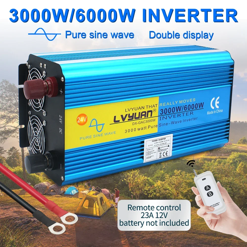 Pure Sine Wave 3000W/6000W Power Inverter DC 12V/24V to 220V Voltage Converter with USB Port Remote Control Universal EU Socket