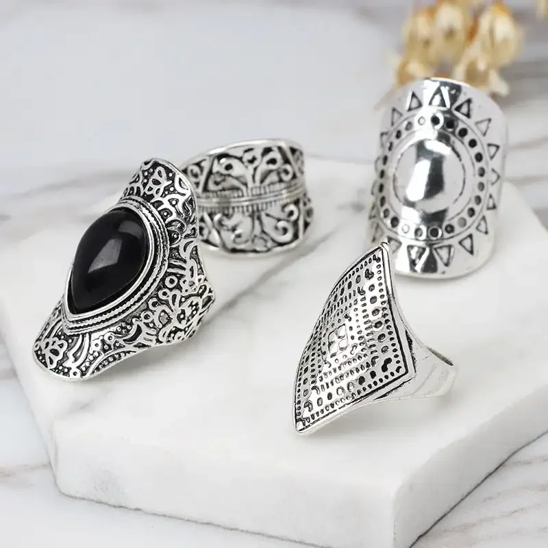 4Pcs/Set Fashion Vintage Silver Plated Gypsy Boho Ethnic Ring Hollow Carved Rhinestone Midi Knuckle Rings Women Jewelry