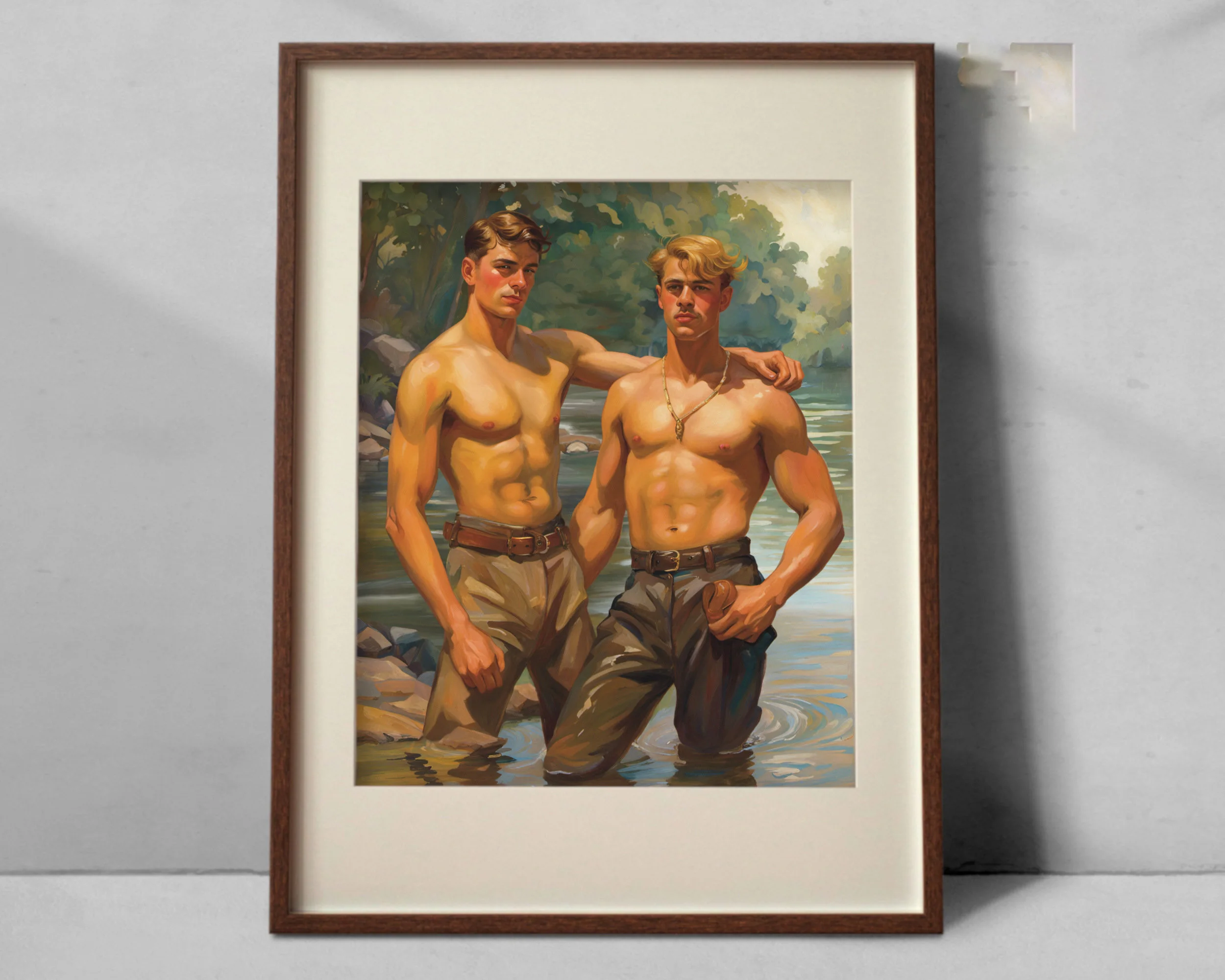 Vintage Muscular Man Gay Male Body Kiss Forest Walk Poster Print Wall Art Pictures Canvas Painting Room Bedroom Home Decor Gift